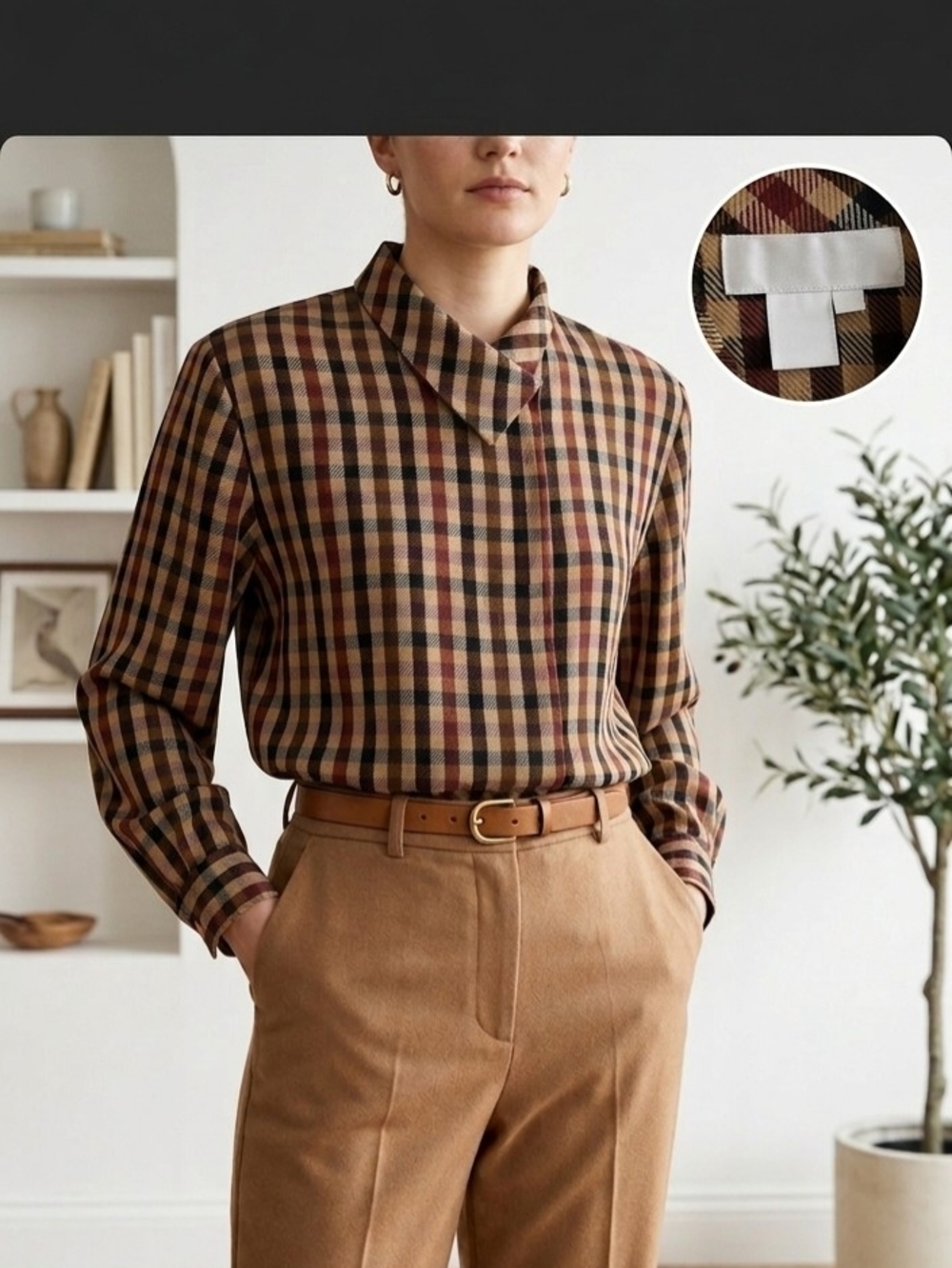 Vintage La Chine Classic by Galinda Wang Plaid Blouse  Crossover Collar Size 12
